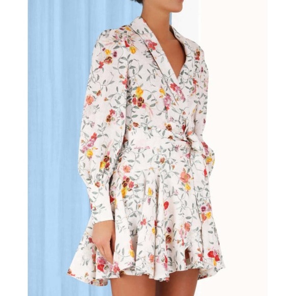 Zimmermann Wrap Mini Dress in Elka Vine Ivory Floral linen Long Sleeve Belted 1 - Picture 1 of 11